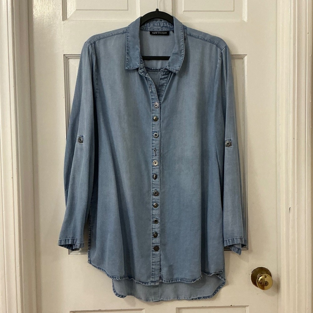 T&W Designs Chambray Style Embellished Tunic Shirt L Tencel Boho Western Keys
